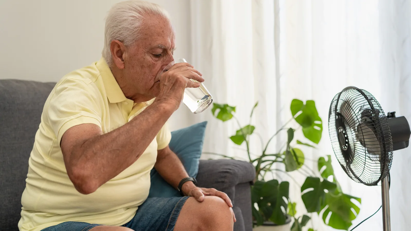Older woman at home with a carer during a heatwave period.